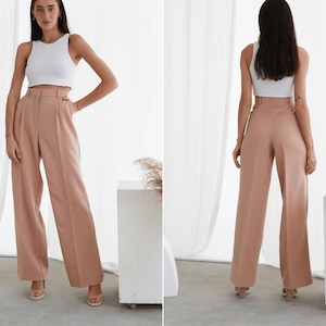 Beige palazzo pants. Woman&#39;s high waisted palazzo trousers. Wide leg pants. Pants for occasion