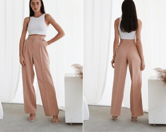 Beige palazzo pants. Woman's high waisted palazzo trousers. Wide leg pants. Pants for occasion
