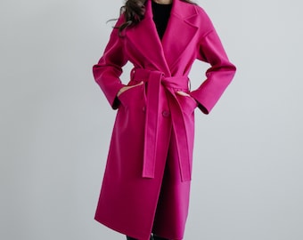 Hot Pink Women classic coat. Oversized Long overcoat. Pink Cashmere Belted coat. Autumn long coat for women. Wool pink coat