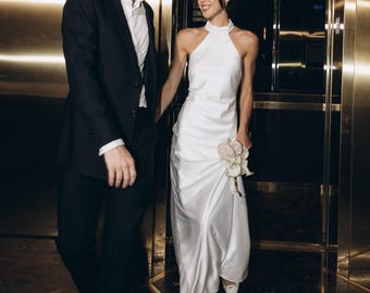 Standesamtliche Hochzeitskleid. Schlichtes Brautkleid. Elfenbein- standesamtliches Hochzeitskleid. Weißes Satin Kleid. Maxi Satin Seidenkleid. Standesamt Brautkleid