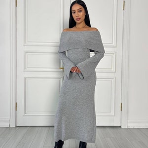 Grey Stunning off the shoulders knitted dress. A-Line knit sweaterdress maxi length. Floor warm winter dress for women.