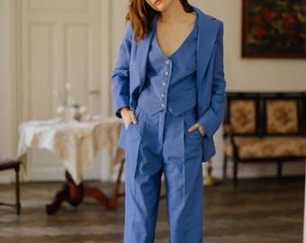 Royal Blue Linen 3-Piece Suit: Blazer, Vest & Palazzo Pants