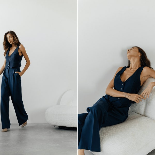 Dark Blue Classic 2-piece pants suit with vest and palazzo trousers.Vest and trousers matching set.Formal event pants suit. Wedding guest