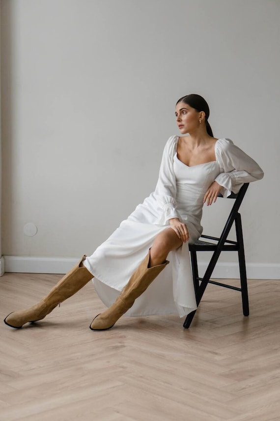midi boho white dress Cotton Wedding Dress: Square Neck, Long Sleeve Back Style:Open Back Why You’ll Love This Main African American Special Occasion