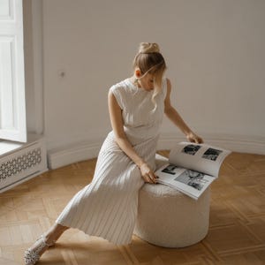 Milky White Knitted dress.Cotton dress sleeveless.Knit dress for spring summer dress.Midi knit dress.Wedding knit dress.Pleated skirt dress