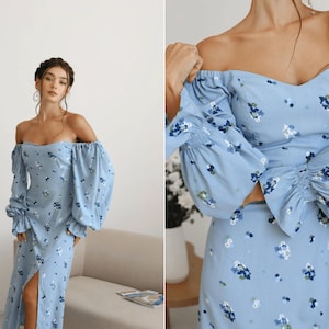 Bohemian Midi Floral summer dress. Blue floral dress for summer. Women's midi cotton dress. Puff long sleeves dress.