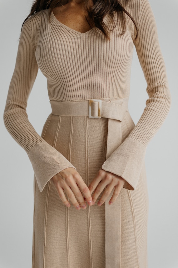 knitted midi dress with belt Navy Wallis Tipped Belted Knitted Midi Dress