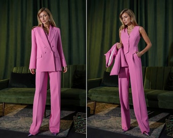 Hot Pink women's pants suit.Three piece paints suit in pink. Wedding guest suit. Blazer vest and pants syit. Trousers matching set.Pink suit