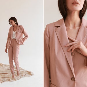 Blush single button blazer & pants. Peach Pink linen suit. Chic wedding pantsuit. Tailored high waisted slim leg trousers and loose jacket