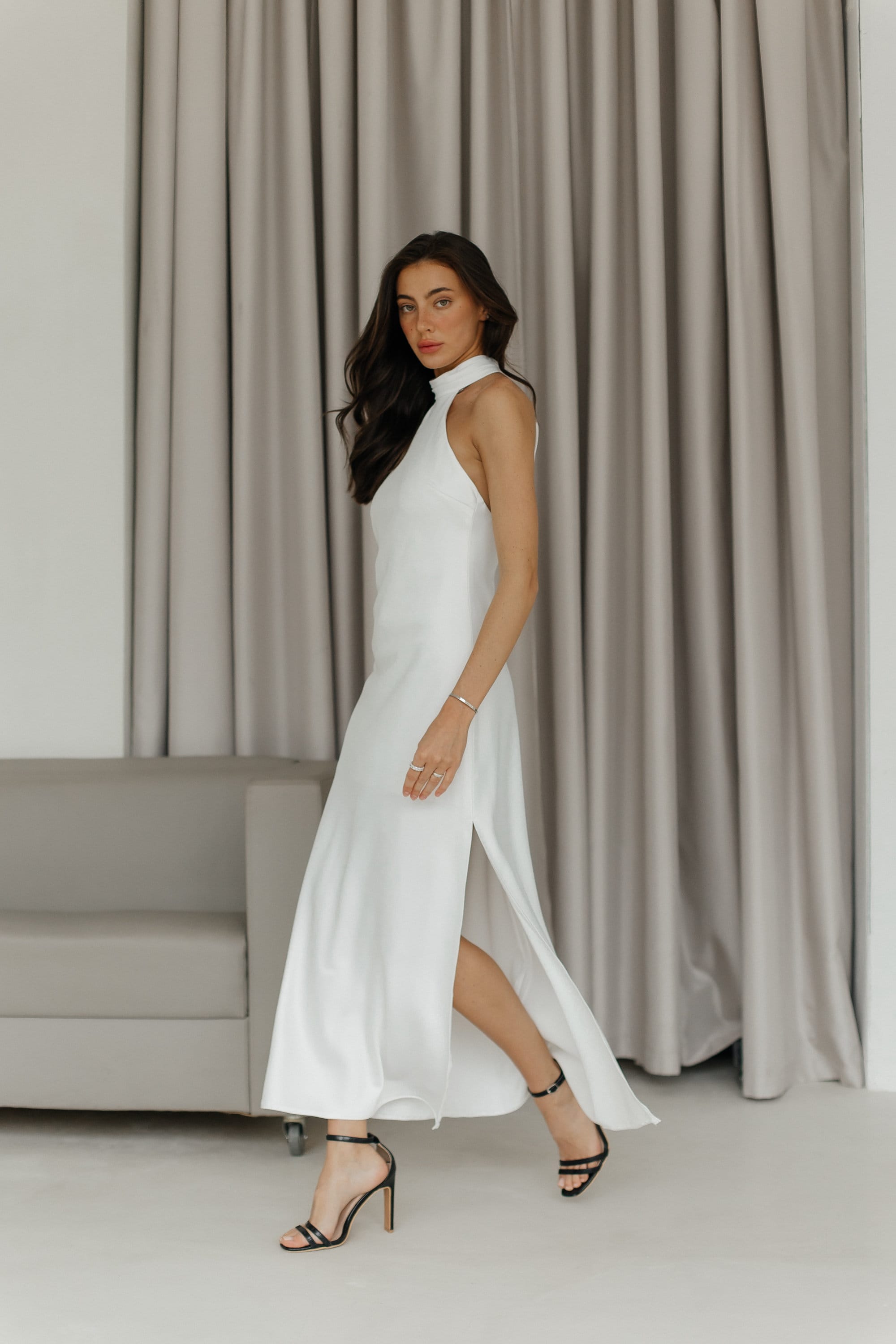 Handmade Milky White Dress: Open Back Satin. Turtleneck Dress