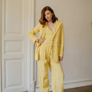 Sunny Yellow Linen 3-piece matching suit straight Jacket, Vest and Palazzo Pants.Women&#39;s suit vest blazer. Lemon Yellow wedding guest suit.