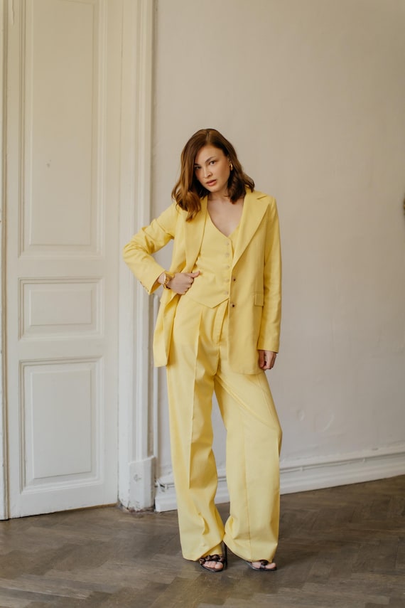 Sunny Yellow Linen 3-piece Matching Suit Straight Jacket, Vest and Palazzo  Pants.women's Suit Vest Blazer. Lemon Yellow Wedding Guest Suit. - Etsy