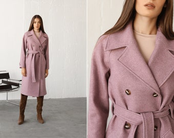 Spring dusty pink coat, Wool Wrap Coat. Long Wrap Coat. Double breasted coat