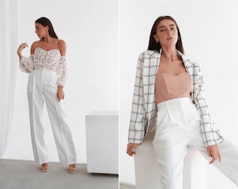 White palazzo pants. Woman's high waisted palazzo trousers. Event look pants.