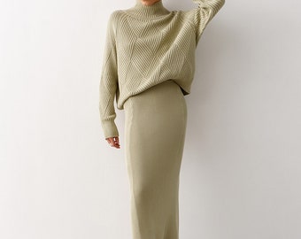 Gorgeous knitted matching set with sweater and maxi skirt. Feminene knitted suit sweater and long pencil skirt. Cotton warm suit. Turtleneck