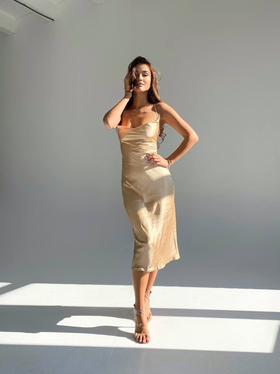 Backless Silk Slip Dress With Spaghetti Straps. Golden Beige Dress