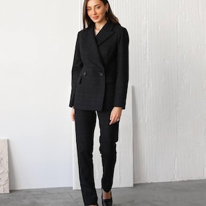 Black Checkered Classic 2-piece pants suit with blazer and trousers. Warm fall winter matching suit. Cashmere classic suit jacket and pants.