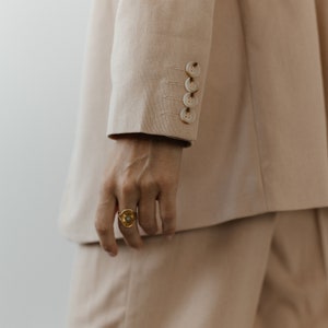 Beige Linen 3-piece matching suit with straight Jacket, Vest and Palazzo Pants. Summer formal pants suit. Women's suit with vest and blazer. image 3