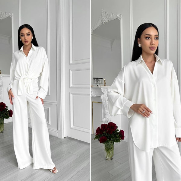 Stunning silk pant suit. White milky satin suit with shirt and pants. Wide leg silk jumpsuit. Bridesmaids silk pant suit.