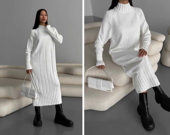 Cozy milky white sweater dress for women. Warm winter dress with turtleneck midi. Girl's knitted dress. White dress.Winter clothing