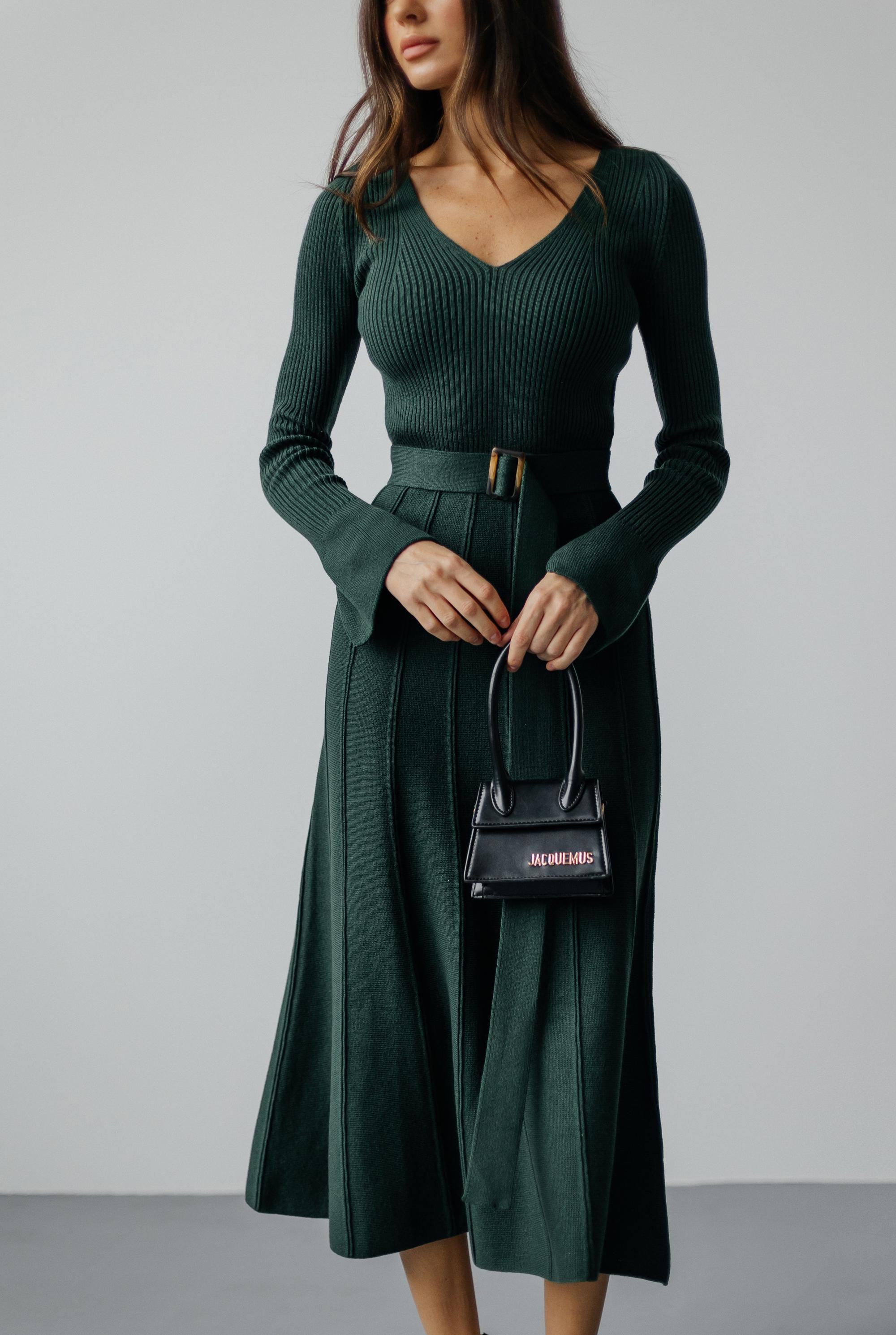 Emerald Green Knitted Sweater Dress: Pleated A-line Midi With Belt - Etsy