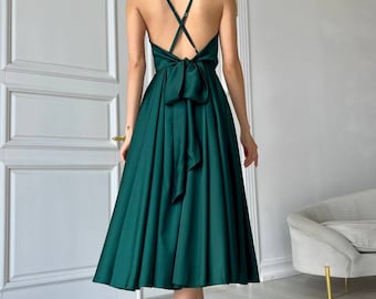 Backless flared silk dress. Emerald Green bridesmaids dress satin dress for date or special occasions. Open back date dress