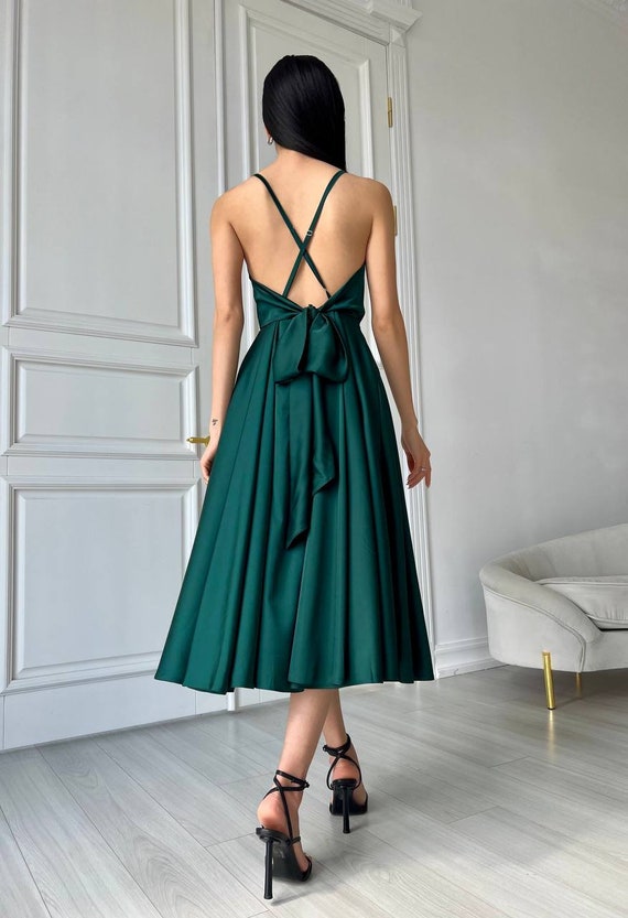 Backless Flared Silk Dress. Emerald Green Bridesmaids Dress Satin Dress for Date or Special Occasions. Open Back Date Dress Etsy