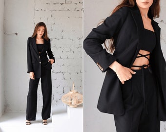 Black oversized two-piece linen suit. Women Minimalist wide-leg Palazzo pants suit. Relaxed masculine fit blazer and flowy trousers