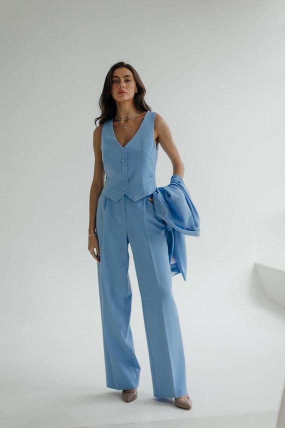Sky Blue Classic 2-piece pants suit with Vest and palazzo trousers.Two piece pansuit. Vest and trousers matching set. Light Blue color suit