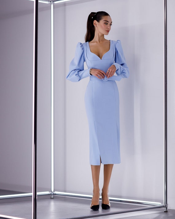 Formal Sky Blue Pencil Dress for Women. Women s Performance Dress Midi Length. Blue Event Dress With a Belt on Waist Line. Etsy Canada