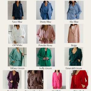 May include: A collage of 12 images showcasing different color variations of a women's suit. Each image features a woman wearing a blazer, vest, and pants in a solid color. The colors include navy blue, dusty blue, sky blue, off-white, powder rose, beige, tiffany green, kelly green, emerald green, burgundy, brown chocolate, hot pink, and wine red.