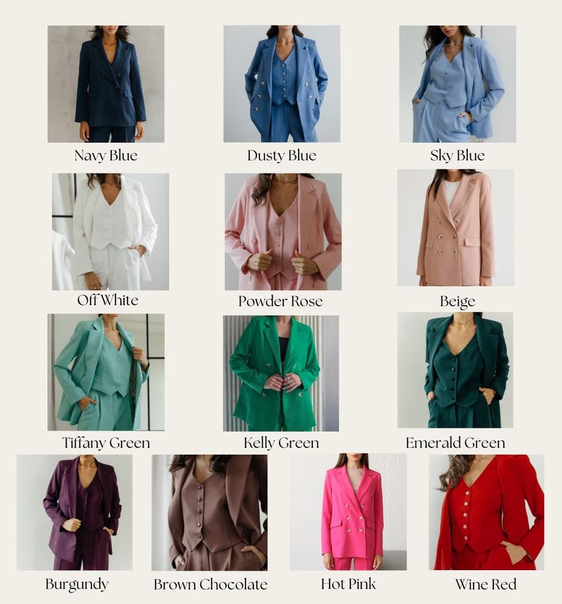 May include: A collage of 12 images showcasing different color variations of a women's suit. Each image features a woman wearing a blazer, vest, and pants in a solid color. The colors include navy blue, dusty blue, sky blue, off-white, powder rose, beige, tiffany green, kelly green, emerald green, burgundy, brown chocolate, hot pink, and wine red.