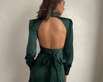 Dark Green Emerald silk backless dress for event. Satin turtleneck dress with open back midi. Bohemian backless dress. Wedding dress.