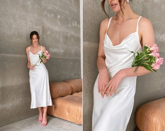 White creme Silk slip dress for women. Satin midi backless dress. Strappy dress with cowl neck. Slip dress lace-up.