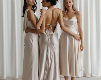 Champagne Silk Bridesmaid Dress: Open Back A-Line Satin Maxi