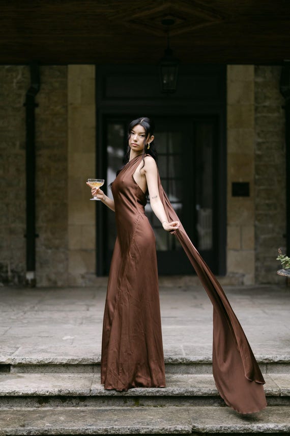 brown satin wedding guest dress Silk Maxi Dress: Backless Chicago fashion designer Pink Winter Wonderland Wedding Color:Steel-Grey cocktail parties