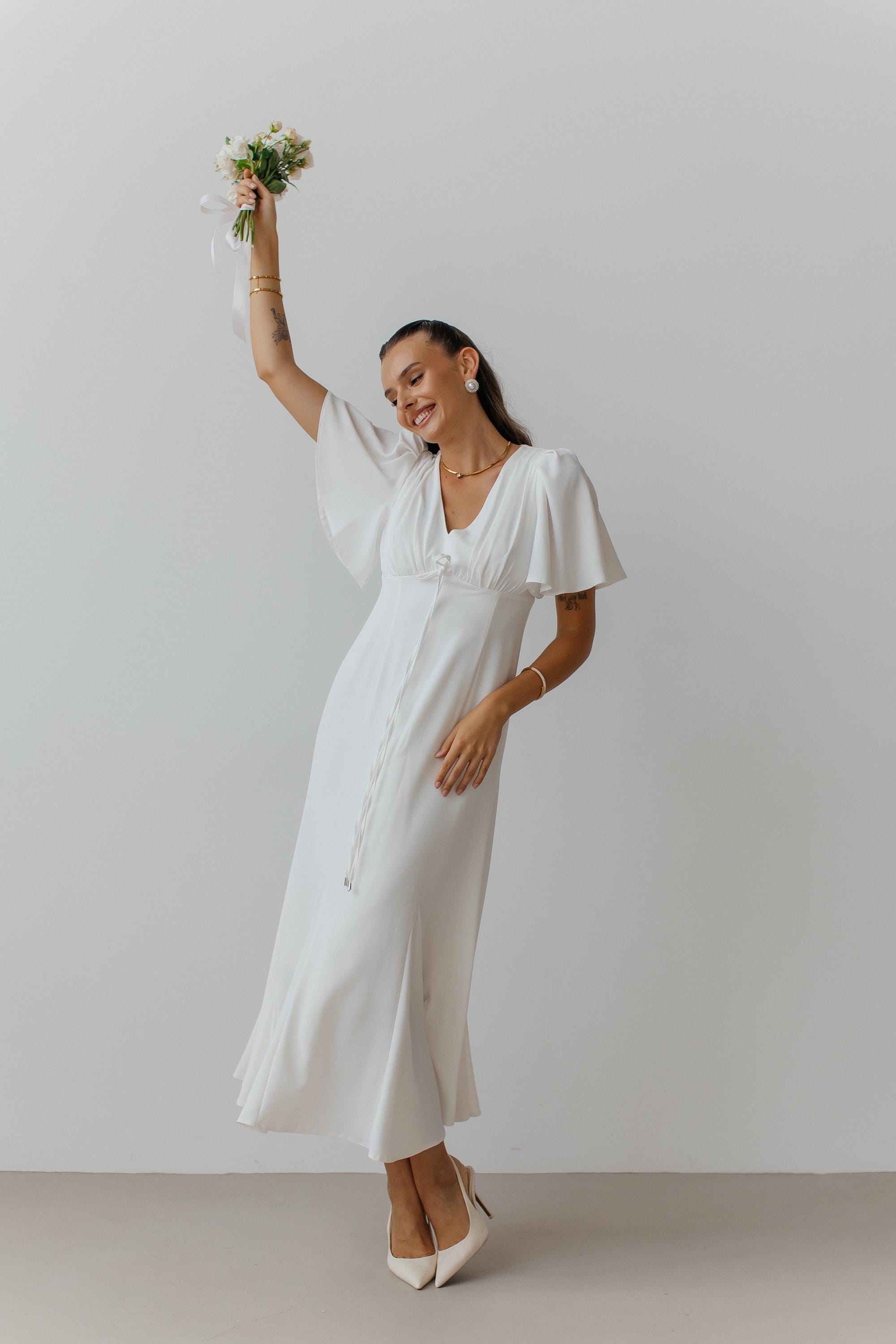 long white engagement dresses Queendancer Women Ivory Chiffon Midi Dress with Slit Pleated V-Neck A Line Rehearsal Dinner Dress with Sleeves – queendancer bachelorette party or any other occasions Style Guide | How to