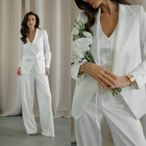 Bridal Satin Wedding suit.Wedding women&#39;s pantsuit.3-piece pantsuit.Fitted Jacket vest and palazzo trousers matching set.Off White pant suit