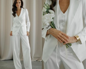 Off White Satin Bridal Pantsuit: 3-Piece Wedding Suit. Fitted blazer Vest and Pants suit. Custom Size Suit. Bespoke White Pantsuit.