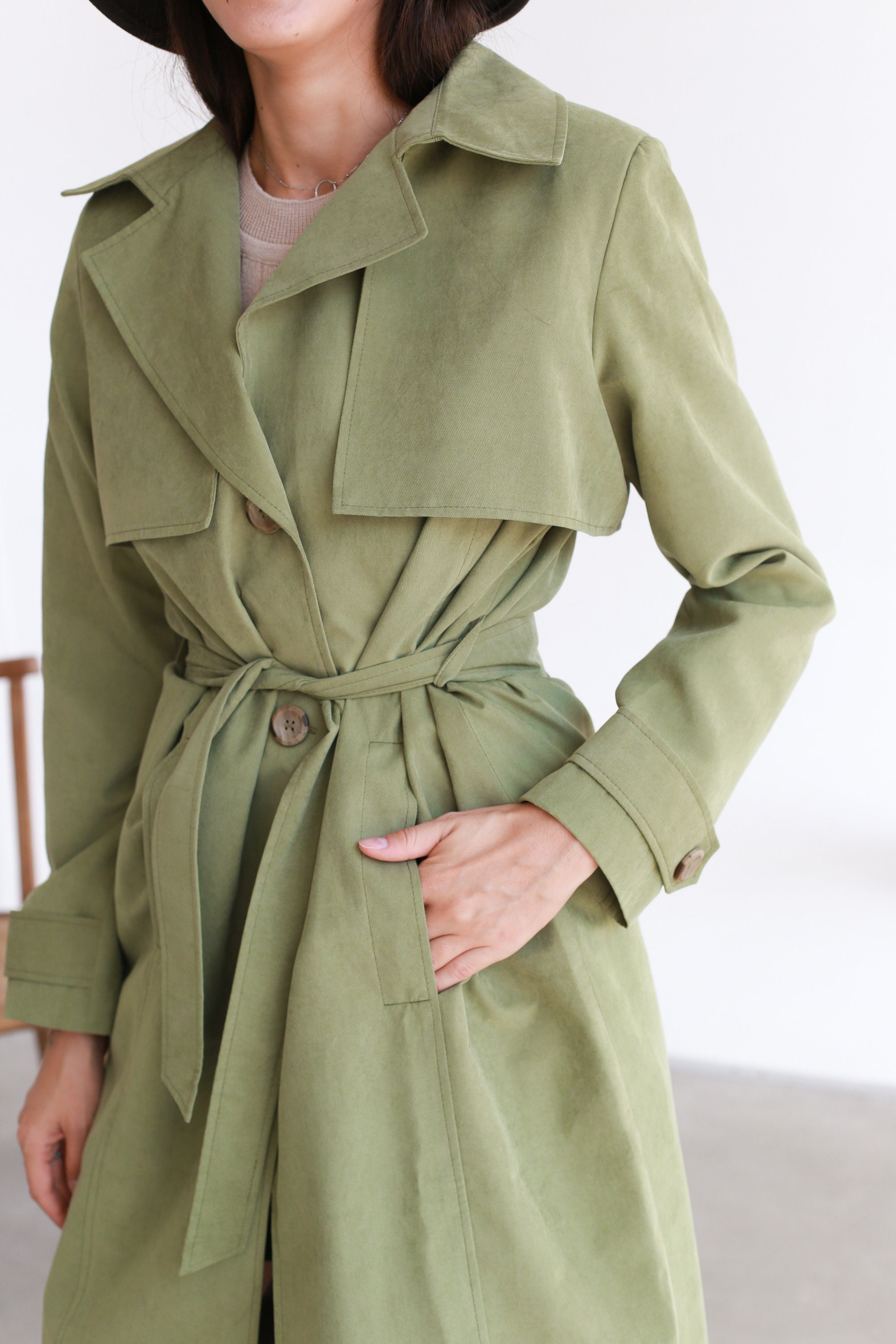 Women Long Trench Coat in Terracotta Color. Belted Trench