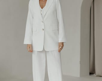 Milky White Linen suit 2-piece suit relaxed fit Blazer Trousers suit.Loose fit straight jacket palazzo wide-leg pants.White Linen suit