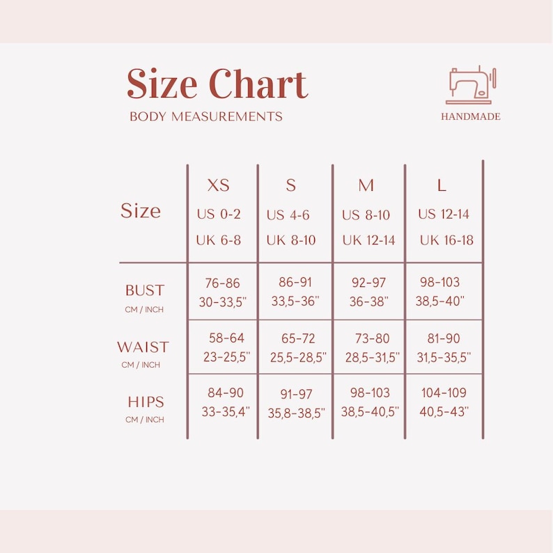 May include: A size chart with body measurements, including bust, waist, and hips, in both centimeters and inches. Sizes range from XS to L, with corresponding US and UK sizes. The chart is labeled "HANDMADE" with a sewing machine icon.
