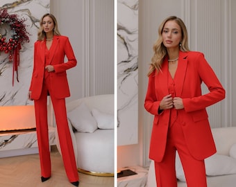 Hot Red Stunning classic 3-piece pantsuit. Red three piece women's suit. 3-piece set Jacket vest and trousers. Office matching set.