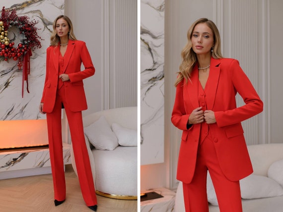 Hot Red Stunning Classic 3-piece Pantsuit. Red Three Piece Women's