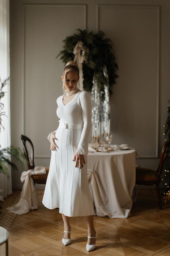 Milky White Knitted Wedding Dress: Cotton Blend Sweater Dress - Etsy