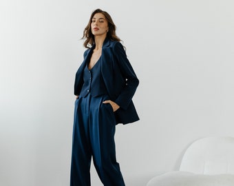 Stunning classic dark blue pantsuit. Blue formal three piece women's suit. 3-piece set Jacket vest and palazzo trousers.Office matching set.