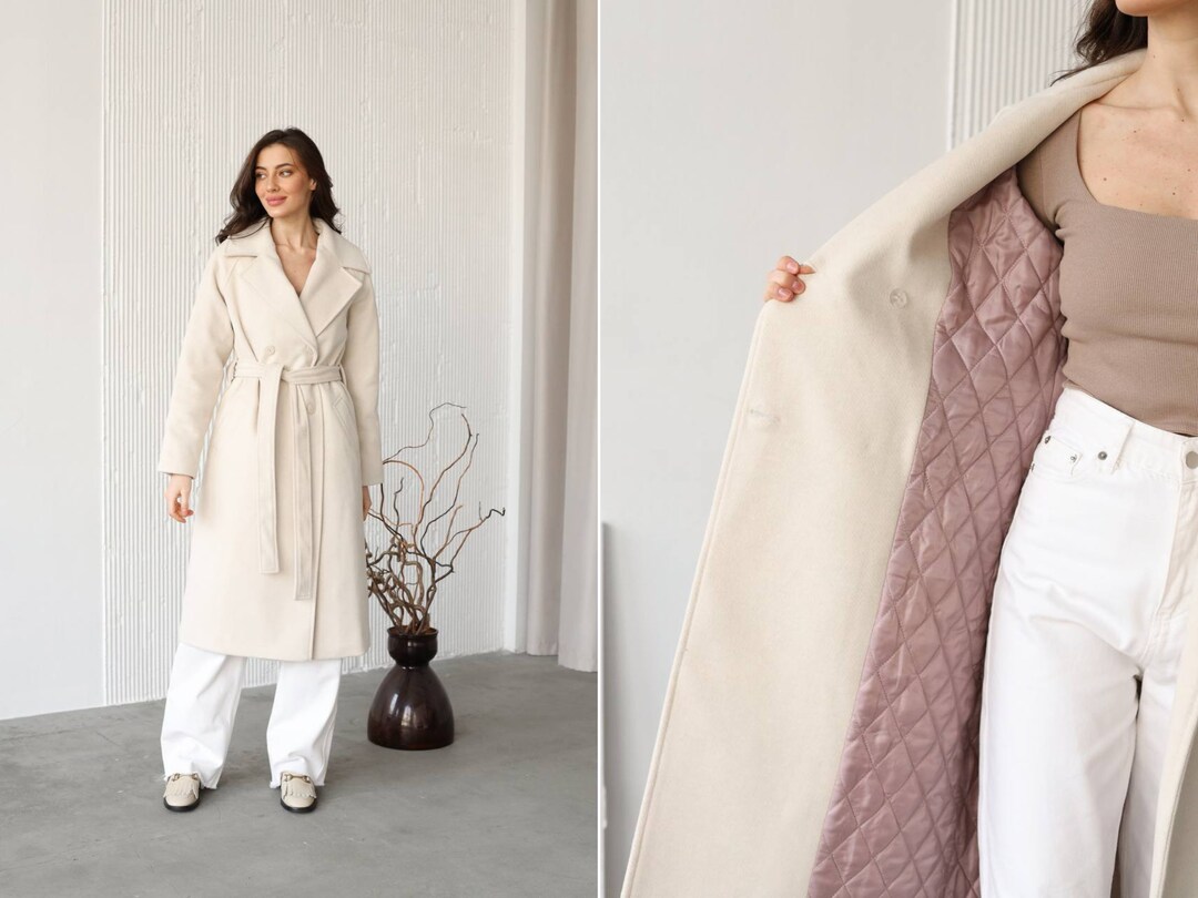 Winter Women's Cashmere Coat. Milky White Women's Overcoat. Insulated