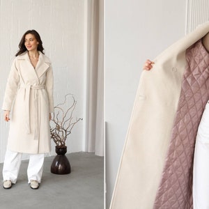 Winter women's cashmere coat. Milky white women's overcoat. Insulated coat with belt. Belted oversized coat for fall - winter season.