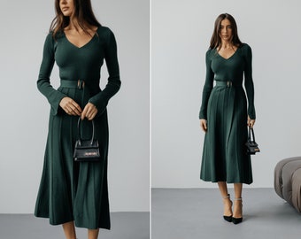 Stunning women's knitted midi dress emerald colour. Sweaterdress with pleated skirt and belt. Long sleeves knitted dress.Warm winter dress