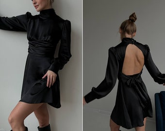 Classic black mini silk backless dress for event. Silk dress turtleneck dress with open back dress. Satin dress.Wedding guest dress.